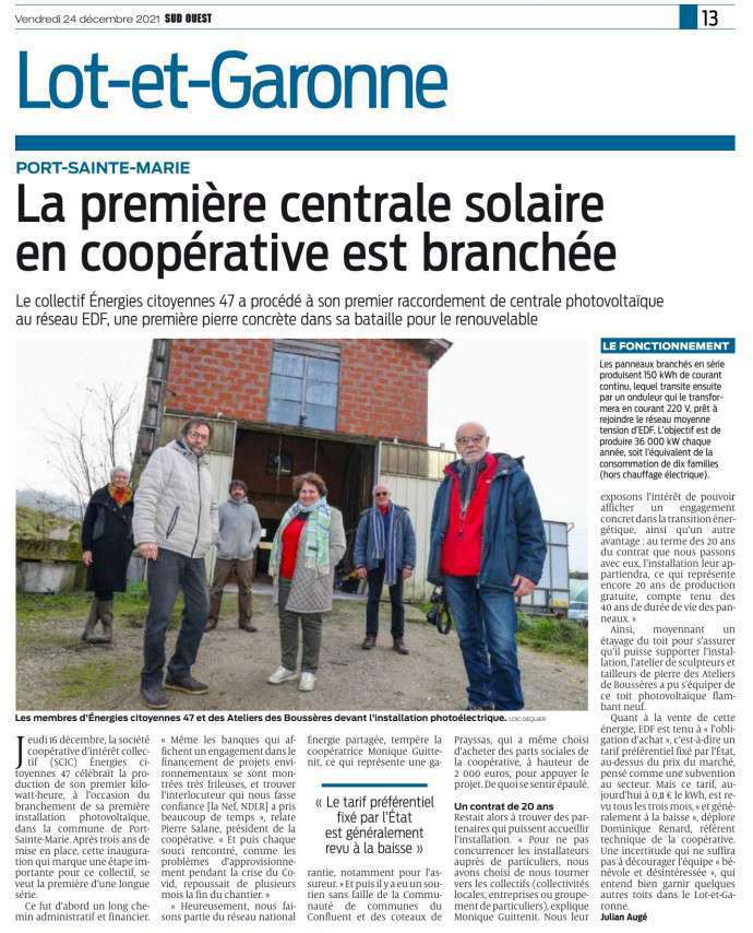 Article Sud-Ouest 24 - 12 - 2021